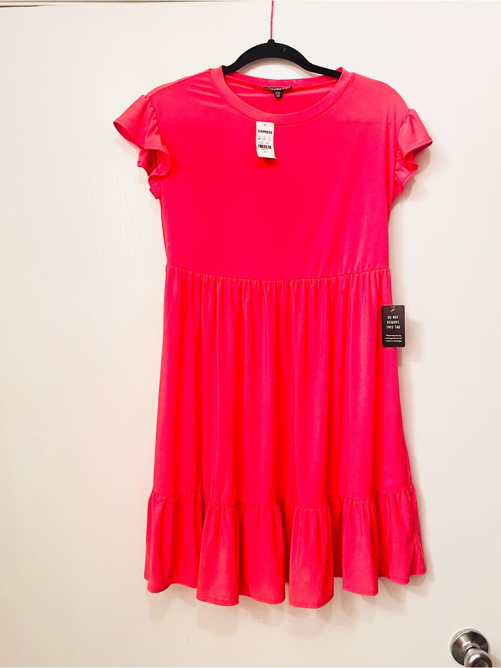 Express Coral Pink Babydoll Dress NWT Ruffle Sleeve Tiered Mini Knit Stretch XS
